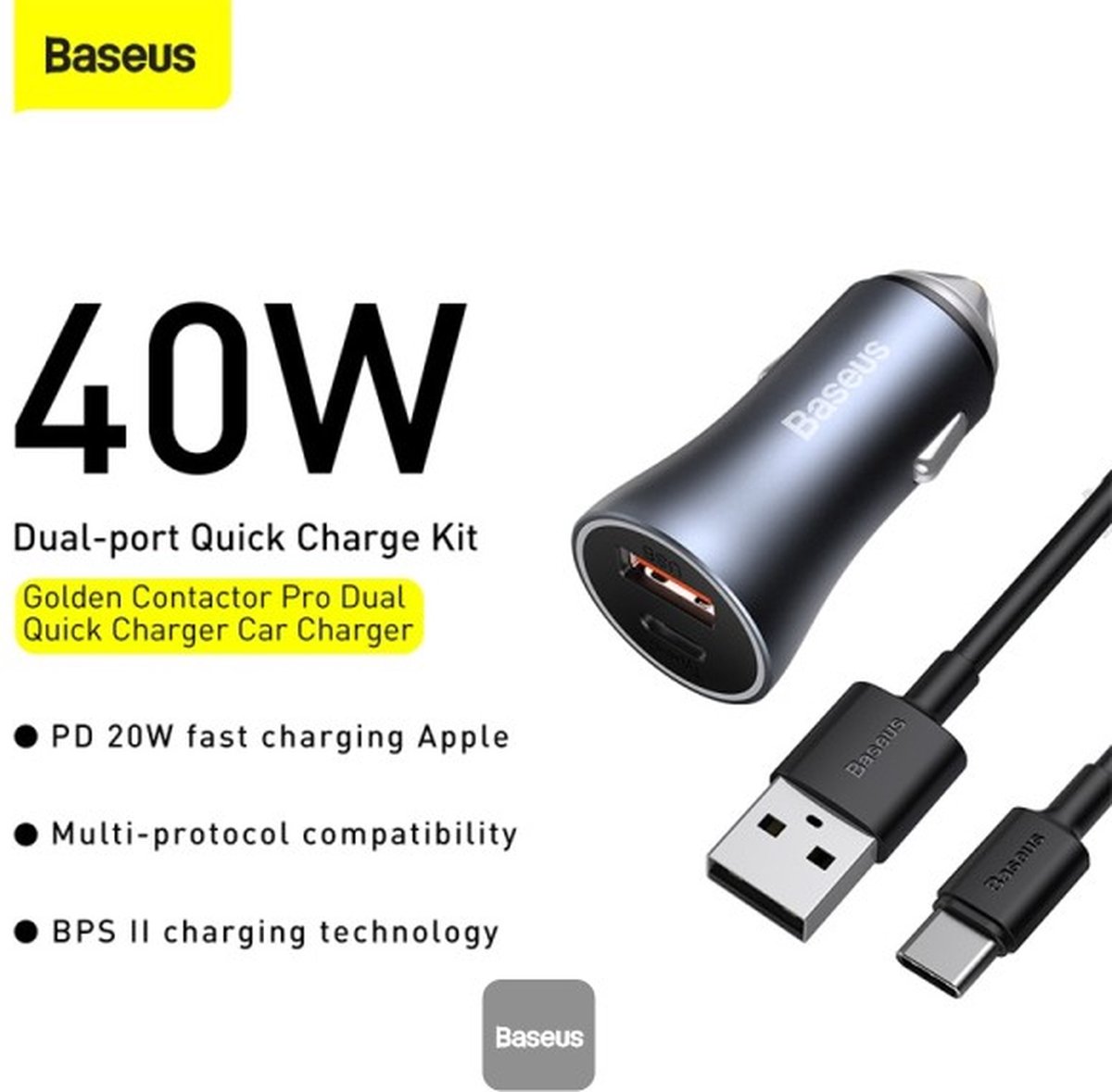 Baseus Usb Autolader Usb-C Voor Telefoon Tablet 60W Snel