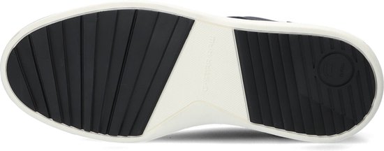 Onderkant van een donkerblauwe G-Star Raw sneaker. Witte zool met zwarte grip. G-Star Raw logo op de zool.