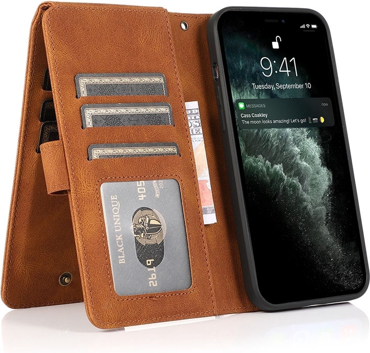 Zacht Leren geschikt voor iPhone 14 Pro Max Wallet Hoesje - bruin