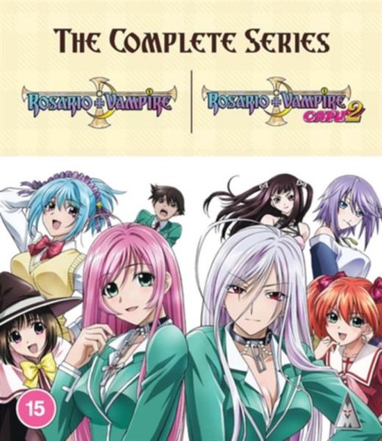 De complete serie Rosario + Vampire en Rosario + Vampire Capu 2 anime met Japanse en Engelse stemmen en Engelse ondertiteling. Personages met roze, blauw en paars haar.