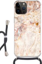 Geschikt voorApple Iphone 14 Pro Max - Crossbody Case - Marmer print - Oranje - Bruin - Siliconen - Crossbody - Backcover met Koord - Telefoonhoesje met koord - Hoesje met touw