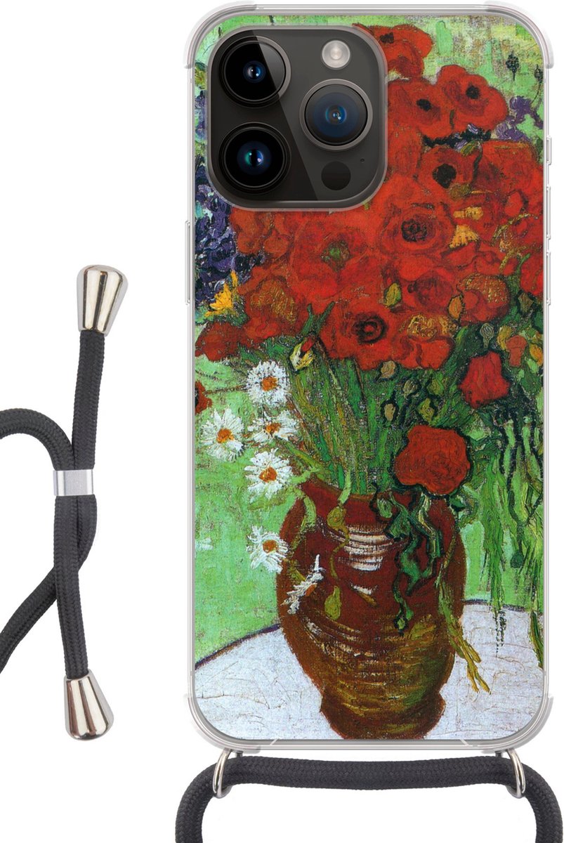 Telefoonhoesje Geschikt voor Apple Iphone 14 Pro - Vaas met rode papavers en madeliefjes - Vincent van Gogh - Siliconen - Crossbody - Backcover met Koord - Telefoonhoesje met koord - Hoesje met touw Telefoonhoesje
