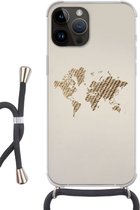 Geschikt voorApple Iphone 14 Pro Max - Crossbody Case - Wereldkaart - Touw - Bruin - Siliconen - Crossbody - Backcover met Koord - Telefoonhoesje met koord - Hoesje met touw