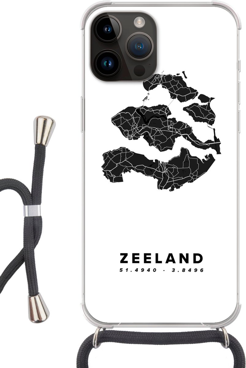 Telefoonhoesje Geschikt voor Apple Iphone 14 Pro Max - Zeeland - Nederland - Wegenkaart - Siliconen - Crossbody - Backcover met Koord - Telefoonhoesje met koord - Hoesje met touw Telefoonhoesje