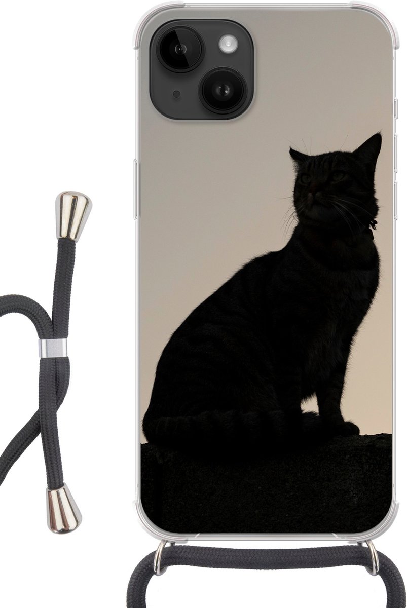 Telefoonhoesje Geschikt voor Apple Iphone 14 - Kat - Donker - Schutting - Siliconen - Crossbody - Backcover met Koord - Telefoonhoesje met koord - Hoesje met touw Telefoonhoesje