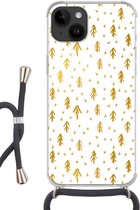 Geschikt voorApple Iphone 14 - Crossbody Case - Dennentak - Kerst - Goud - Patroon - Siliconen - Crossbody - Backcover met Koord - Telefoonhoesje met koord - Hoesje met touw