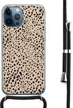 Casimoda® hoesje met koord - Geschikt voor iPhone 12 Pro Max - Stippen bruin abstract - Afneembaar koord - Siliconen/TPU - Bruin/beige