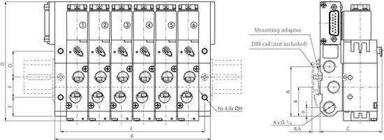 5/3 ventiel P2L-BV612EE G1/4 electro/pneum.-dodeman, gesloten middenstand, Parker