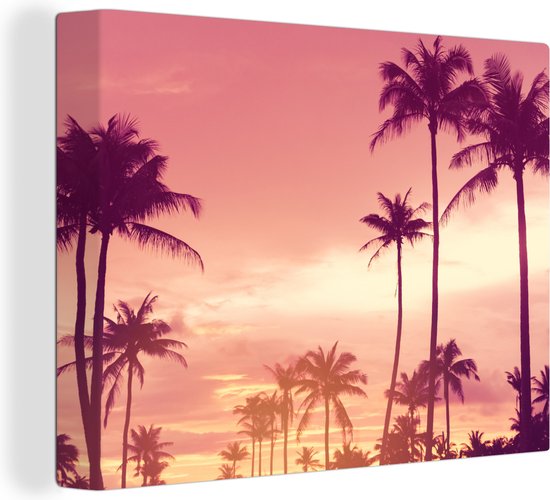 OneMillionCanvasses - Canvas - Palmboom - Roze - Zon - Wanddecoratie - 120x90 cm - Schilderijen op canvas - Canvas doek