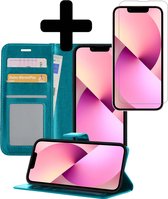 Hoesje Geschikt voor iPhone 14 Hoesje Book Case Hoes Wallet Cover Met Screenprotector - Hoes Geschikt voor iPhone 14 Hoesje Bookcase Hoes - Turquoise