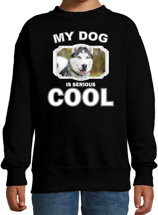 Husky honden trui / sweater my dog is serious cool zwart - kinderen - Siberische huskys liefhebber cadeau sweaters - kinderkleding / kleding 122/128