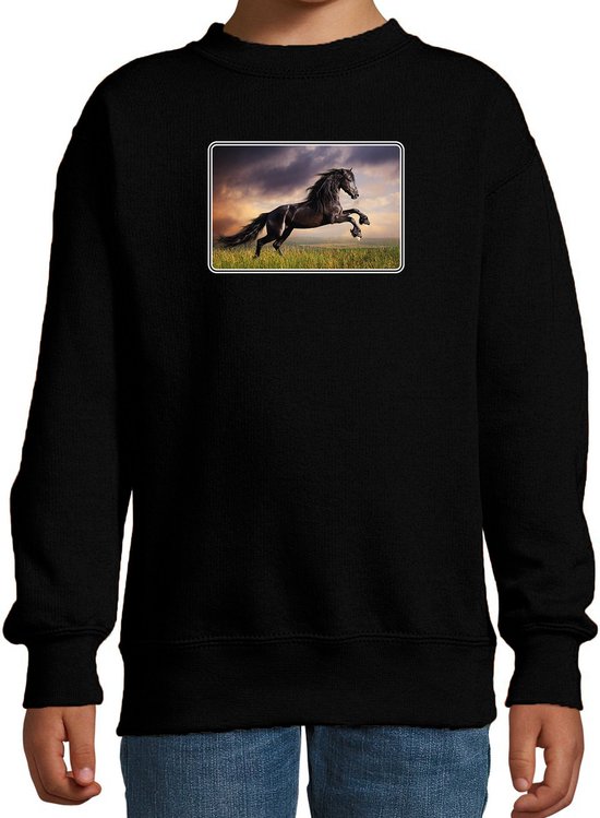 Dieren sweater met paarden foto - zwart - kinderen - natuur / paard cadeau trui - sweat shirt / kleding 98/104