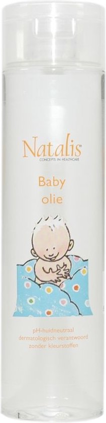 Natalis baby olie fles met cartoonbaby op blauw met bloemetjesdeken. pH-huidneutraal.