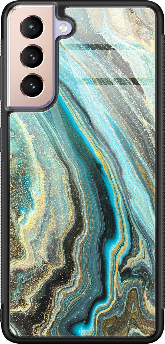 Hoesje geschikt voor Samsung Galaxy S21 - Marmer mint - Luxe Glazen Hardcase - Marmer - Blauw