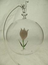 Glasdecoratie - hanger - 10 cm rond - glasbol - mondgeblazen - tulp roze - bloem