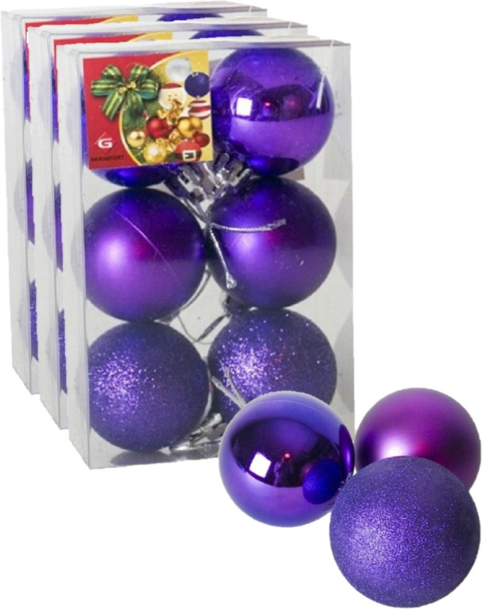 18x stuks kerstballen paars mix van mat/glans/glitter kunststof diameter 4 cm - Kerstboom versiering