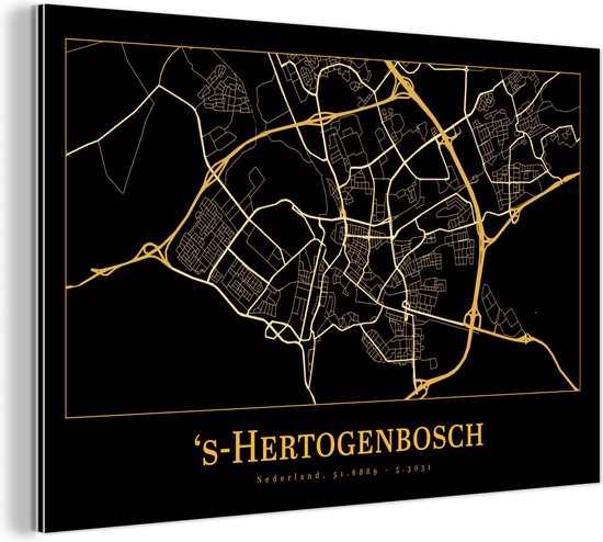 Wanddecoratie Metaal - Aluminium Schilderij - Kaart - 's-Hertogenbosch - Goud - Zwart - Dibond