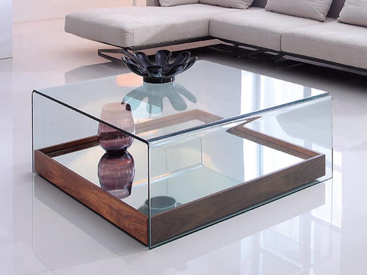 Salontafel ADELIA met spiegel - Gehard glas en MDF - Kleur noten L 80 ...