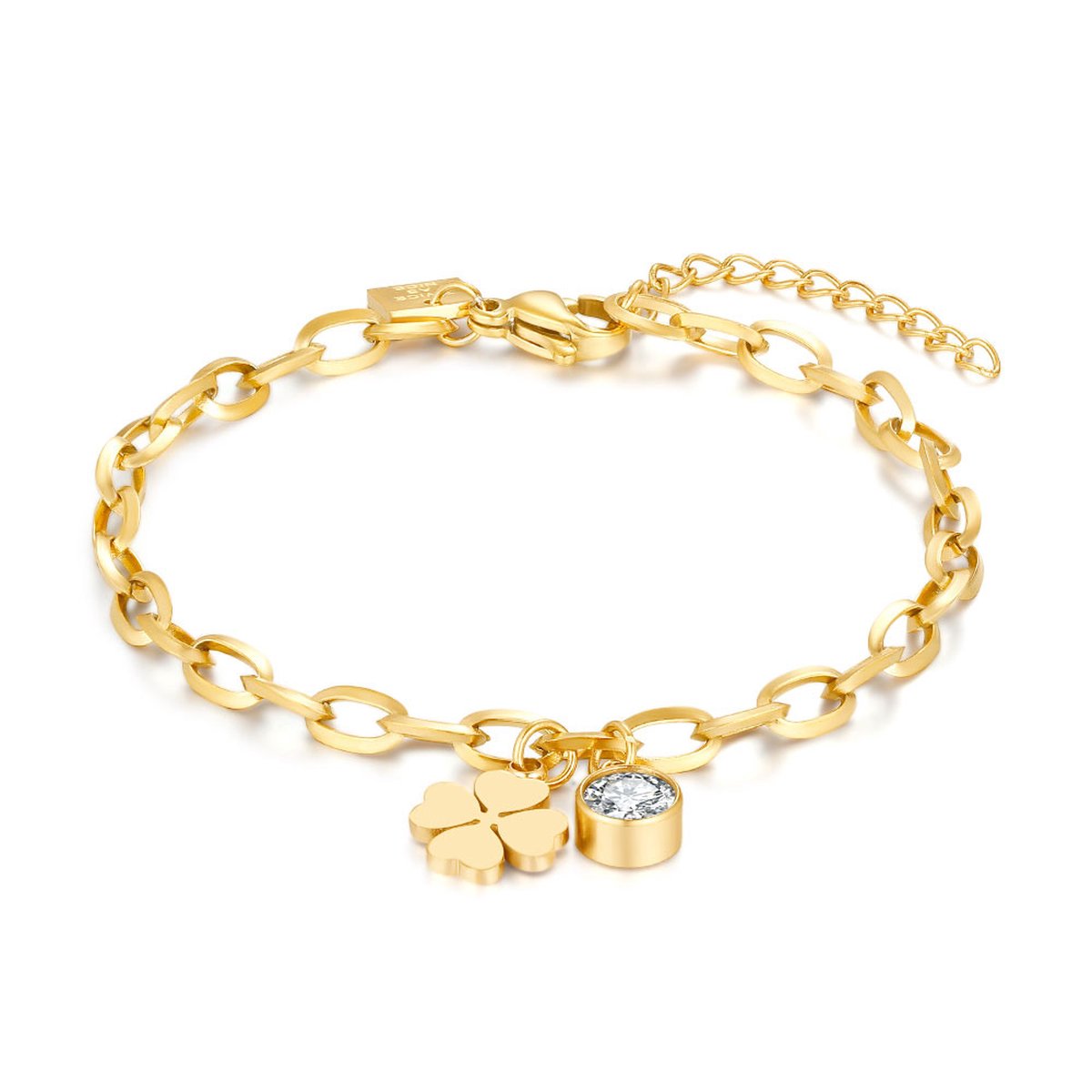 Twice As Nice Armband in goudkleurig edelstaal, ovale schakels, klaver, 1 kristal 16 cm+3 cm