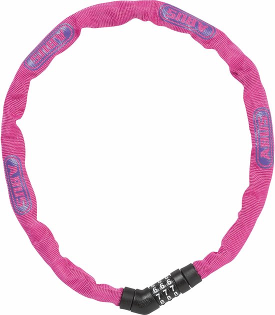 Roze kettingslot met het ABUS logo en cijferslot. Het cijferslot heeft de cijfers 6, 7, 8.