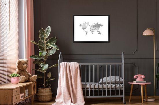Affiche avec cadre Wereldkaart - Lettres - Grijs - 80x60 cm