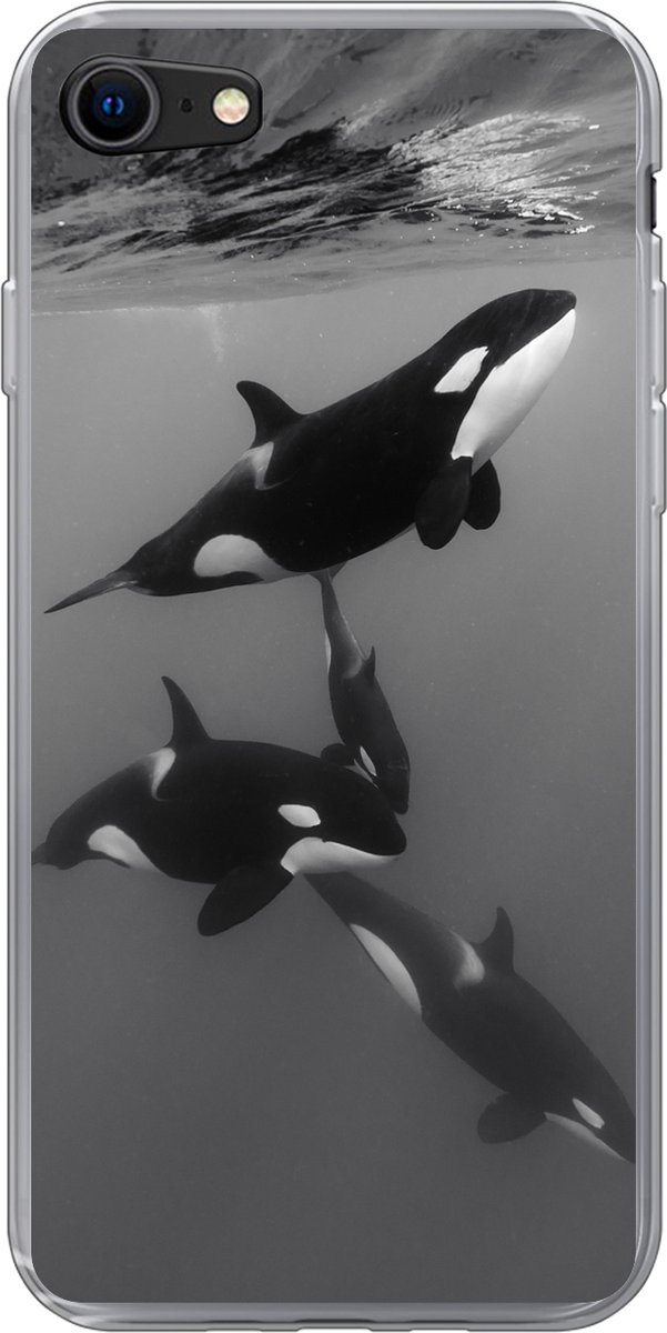 Telefoonhoesje Geschikt voor iPhone SE 2022 hoesje - Orka - Water - Zwart - Wit - Siliconen Telefoonhoesje Telefoonhoesje