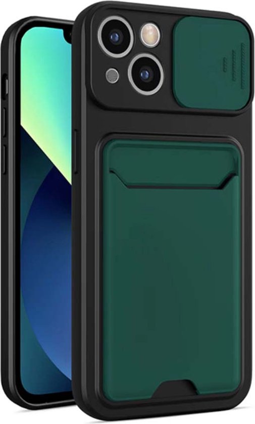 Smartphonica iPhone 13 TPU Cover Case Hoesje met Camera Slide en Pashouder - Groen geschikt voor iPhone 13