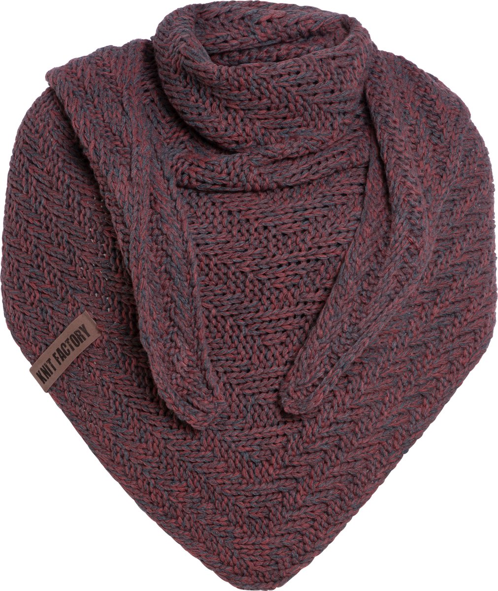 Knit Factory Sally Gebreide Omslagdoek - Driehoek Sjaal Dames - Dames sjaal - Wintersjaal - Stola - Wollen sjaal - Grijs rood gemêleerde sjaal - Antraciet/Stone Red - 220x85 cm - Grof gebreid