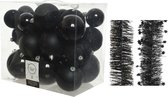 Kerstversiering kunststof kerstballen 6-8-10 cm met folieslingers pakket zwart van 28x stuks - Kerstboomversiering