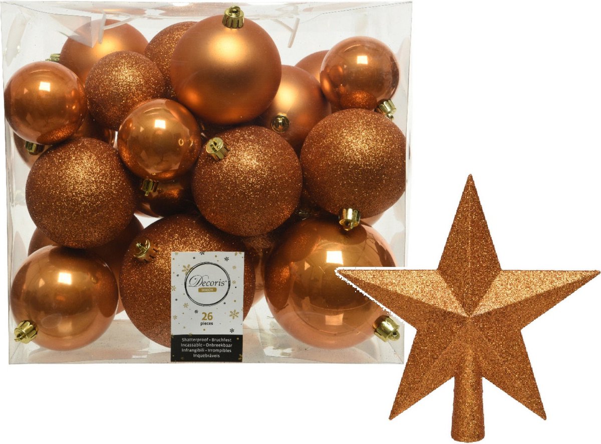 Kerstversiering kunststof kerstballen cognac bruin 6-8-10 cm pakket van 27x stuks - Met kunststof ster piek van 19 cm