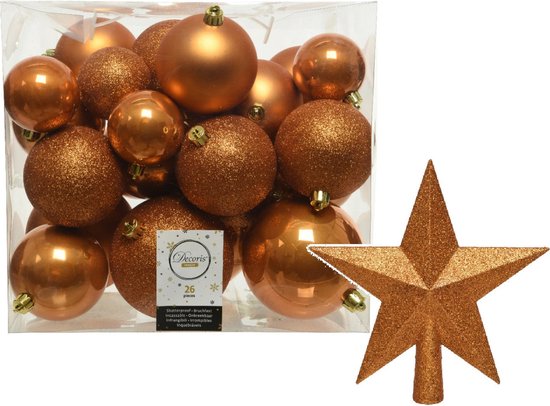 Kerstversiering kunststof kerstballen cognac bruin 6-8-10 cm pakket van 27x stuks - Met kunststof ster piek van 19 cm