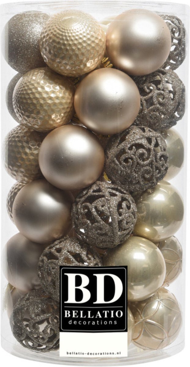 37x stuks kunststof kerstballen parel champagne 6 cm inclusief kerstbalhaakjes - Kerstversiering - onbreekbare kerstballen