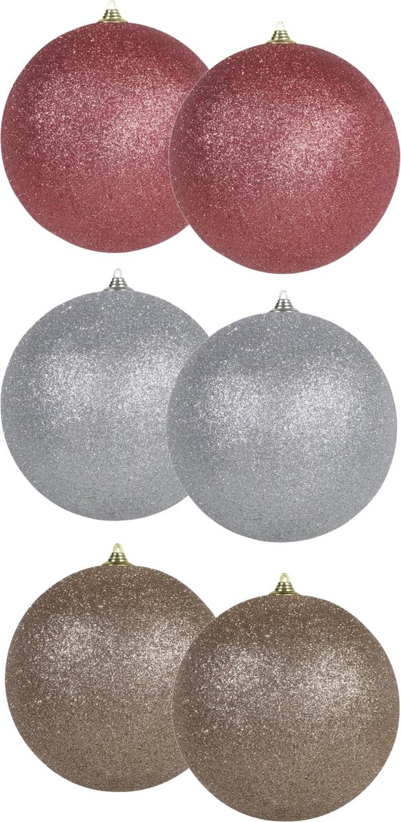 6x stuks grote glitter kerstballen van 13 cm set - 2x Champagne - 2x Zilver - 2x Coral - Kerstversieringen