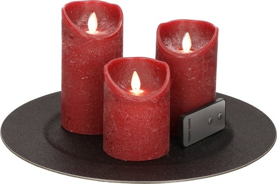 Plateau/plateau à bougies rond noir en plastique D33 cm avec 3 bougies LED rouge bordeaux 10/12,5/15 cm - Décoration de table