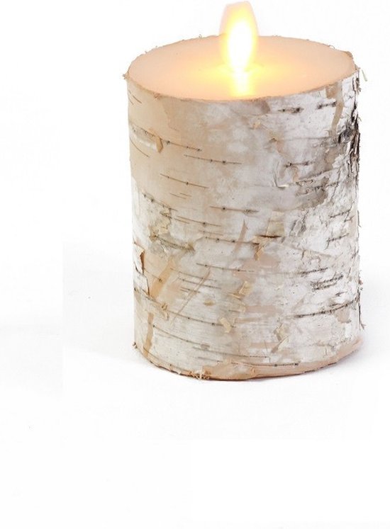 1x Witte berkenhout kleur LED  kaarsen / stompkaarsen 10 cm - Luxe kaarsen op batterijen met bewegende vlam