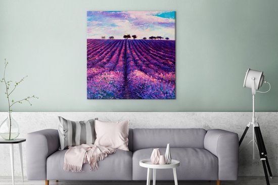 Toile - Huile - Fleurs - Lavande - Peinture - Violet - 90x90 cm - Décoration murale - Intérieur