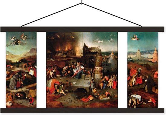 Posterhanger incl. Poster - Schoolplaat - Temptation of Saint Anthony - schilderij van Jheronimus Bosch - 90x45 cm - Zwarte latten