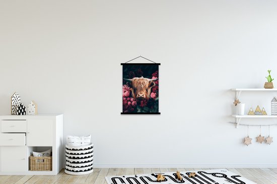 Porte-affiche avec affiche - Affiche scolaire - Vache - Highlander écossais - Fleurs - botanique - 60x80 cm - Lattes noires
