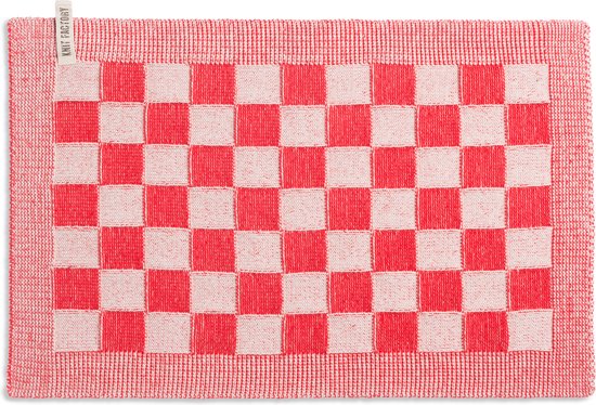 Knit Factory Gebreide Placemat - Onderlegger Block - Eetmat - Ecru/Rood - 50x30 cm