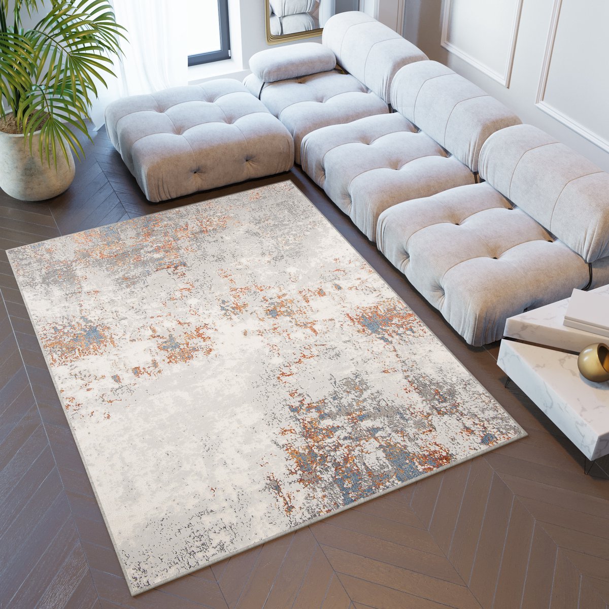 Tapiso Venezia Vloerkleed Laagpolig Modern Woonkamer Tapijt Maat- 80x150 Beige Grijs Oranje