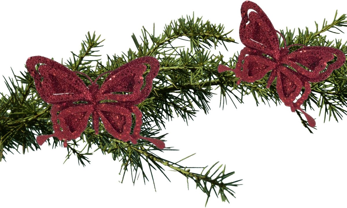 Cosy&Trendy Cosy & trendy Kerstboomversiering - 2x - vlinder op clip - bordeaux rood - glitter - kunststof - 14 cm