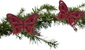 Kerstboom vlinders op clip - 14 cm - 2x stuks - groen bordeaux rood - kunststof