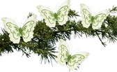 Kerstboom vlinders op clip - 34 cm - 4x stuks - groen glitter - kunststof