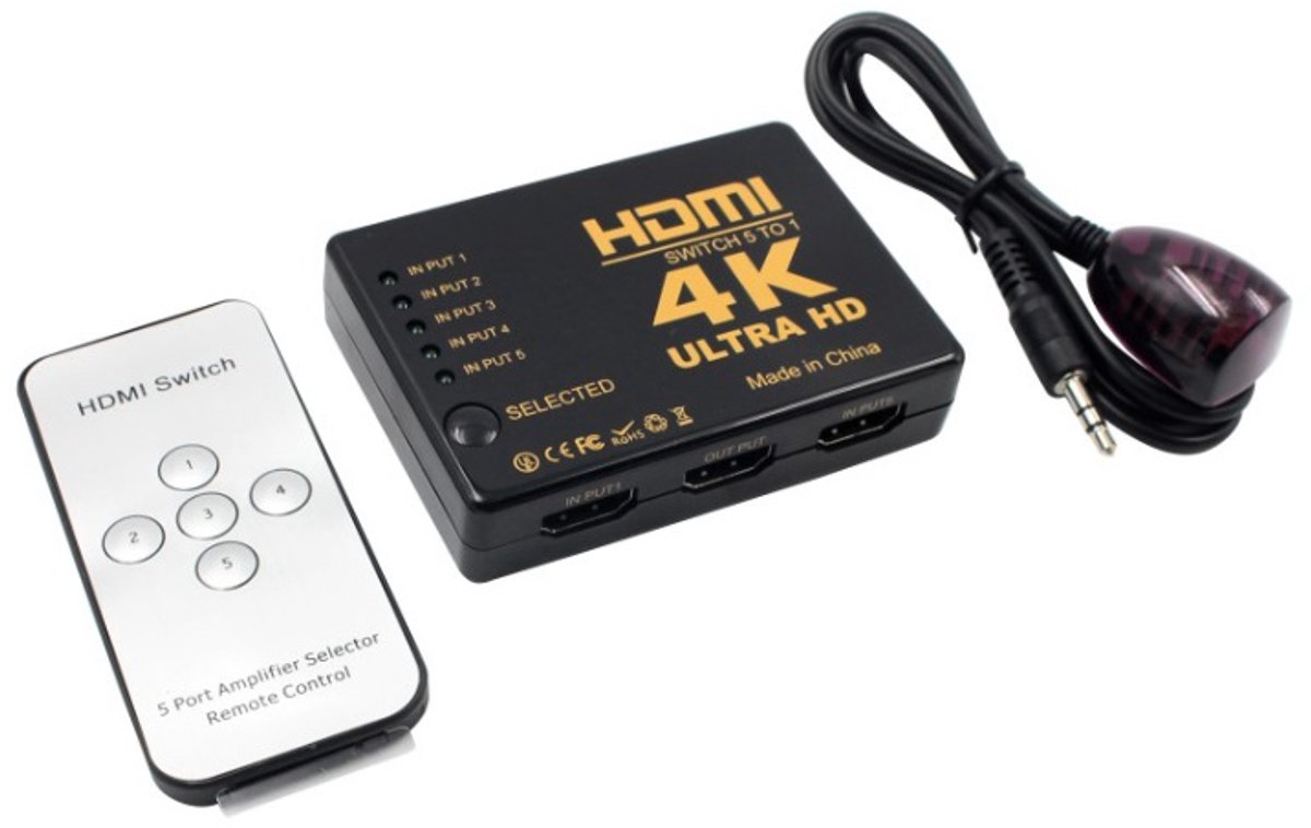 HDMI schakelaar 5 naar 1 / met afstandsbediening en IR extender - versie 1.4 (4K 30Hz)