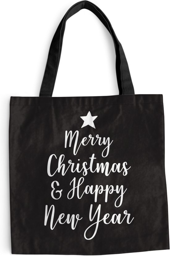 MuchoWow® Schoudertas - Strandtas - Big Shopper - Boodschappentas - Kerst quote "Merry Christmas & Happy New Year" op een zwarte achtergrond - 40x40 cm - Katoenen tas
