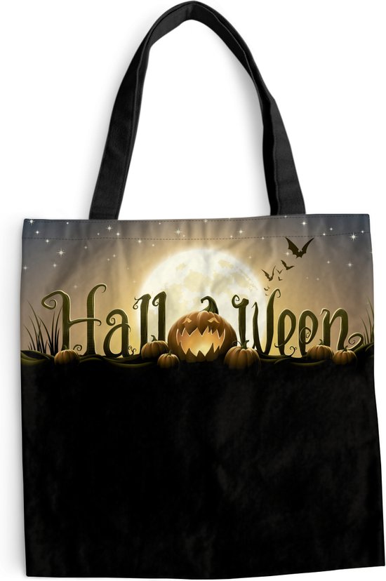 MuchoWow® Schoudertas - Strandtas - Big Shopper - Boodschappentas - De letters van Halloween verlicht door de volle maan in een illustratie - 45x45 cm - Katoenen tas