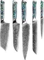 Shinrai Knives - Messenset - 5 delig - Koksmes - Japans Design - Mes - Parelmoer Jewels - Met Luxe Geschenkdoos - Keukenmessen