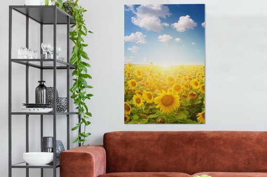 Canvas Schilderij Zonnebloem - Zon - Wolken - 80x120 cm - Wanddecoratie