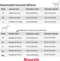Maattabel Snoozle Milano voor katten en honden, met afmetingen in cm en inches.