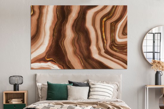 Canvas schilderij 150x100 cm - Wanddecoratie Agaat - Bruin - Goud - Geode steen - Muurdecoratie woonkamer - Slaapkamer decoratie - Kamer accessoires - Schilderijen